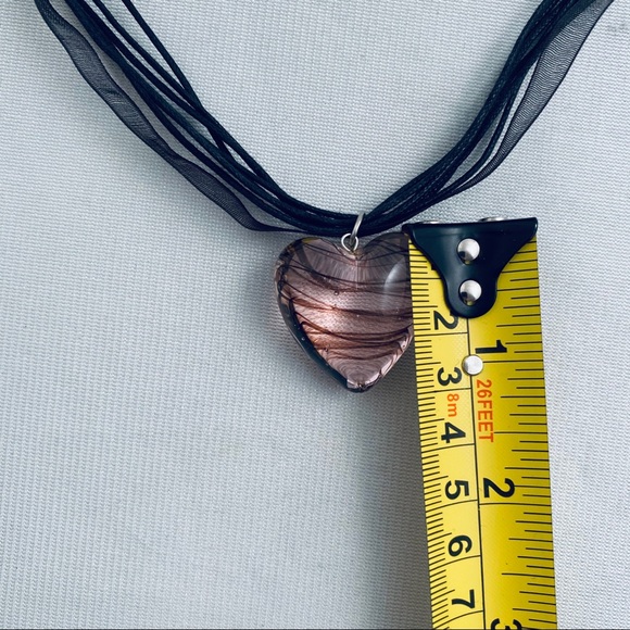 Black multi-strand ribbon and pink glass heart necklace - Picture 4 of 6